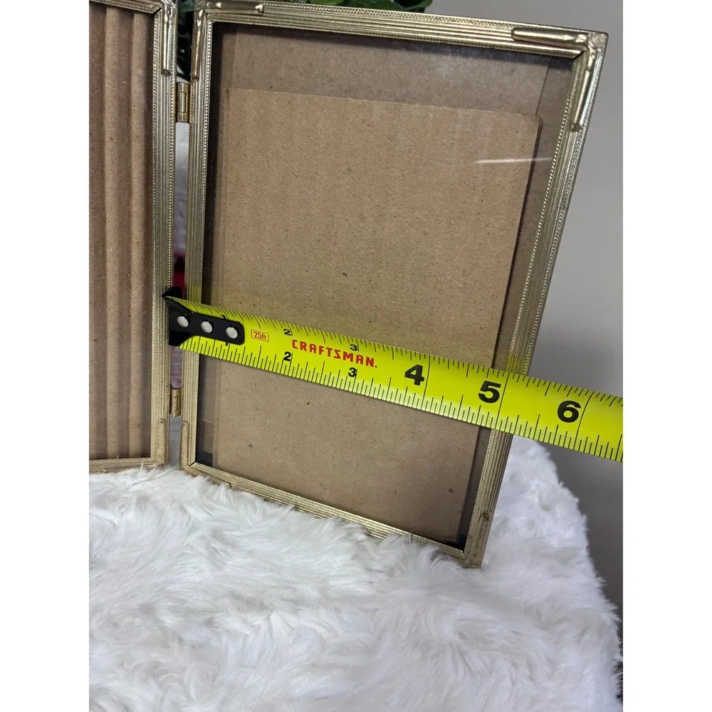 Vintage Gold Metal Triple Folding Picture Frame Triptych Beaded 5x7 Tabletop